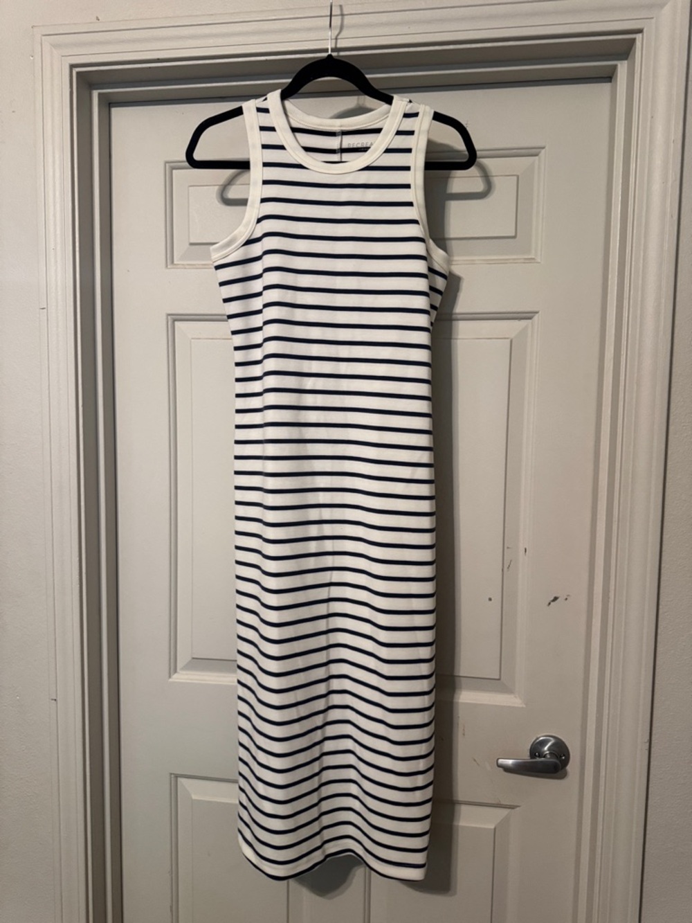 Sleeveless White Dress with Navy Stripes - Classic Maxi